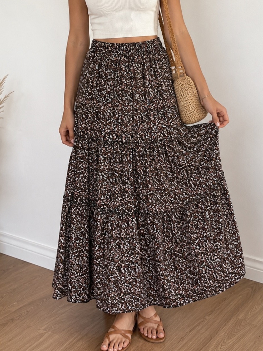 Boho Floral Tiered Maxi Skirt Women’s Small Black Pink Cottagecore